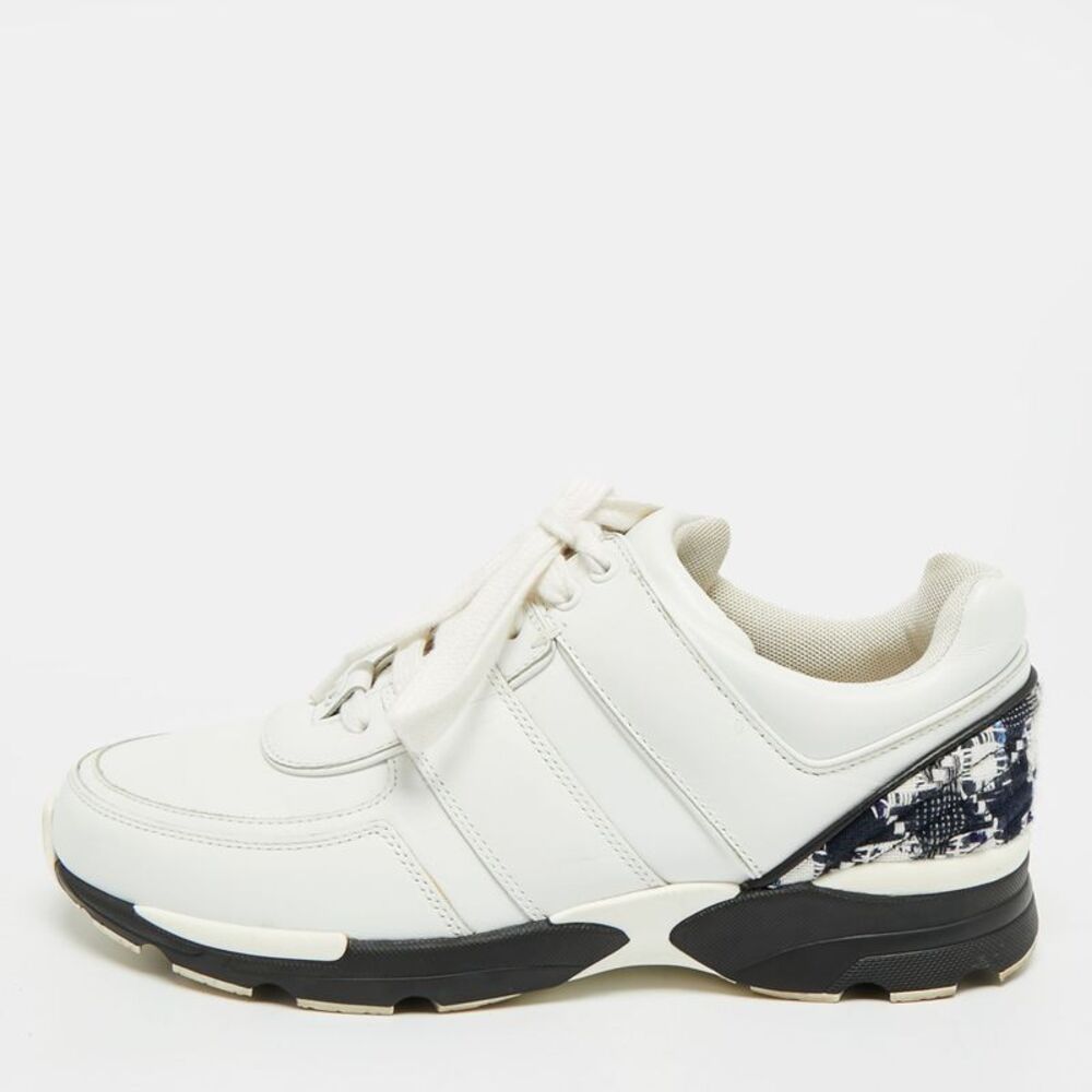 Chanel Cc Size 38 White Leather And Tweed Low Top Sneakers